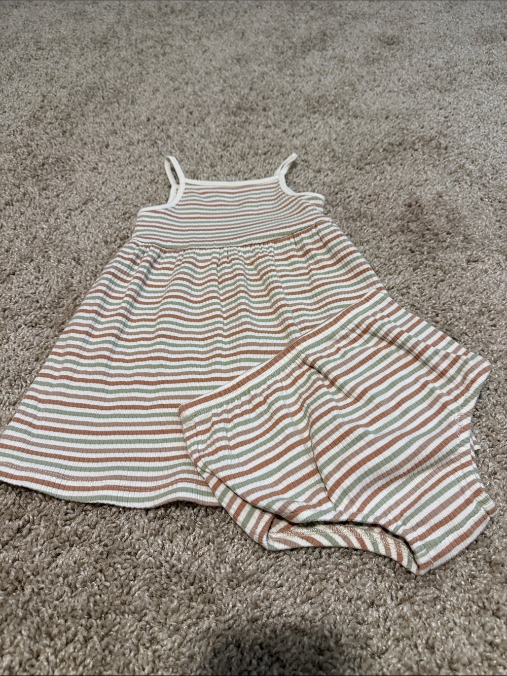 Striped Ribbed Tank Dress with Matching Bloomers - Cream, Tan, Sage